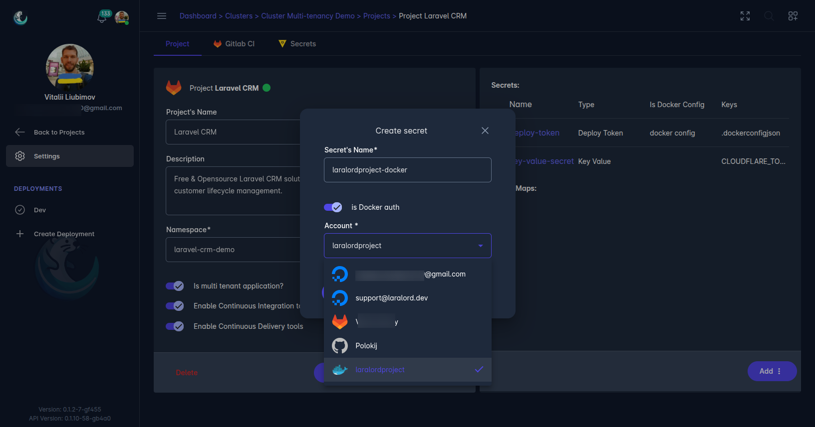 Laralord UI screenshot - Account Secret creation dialog with .dockerconfig toggle