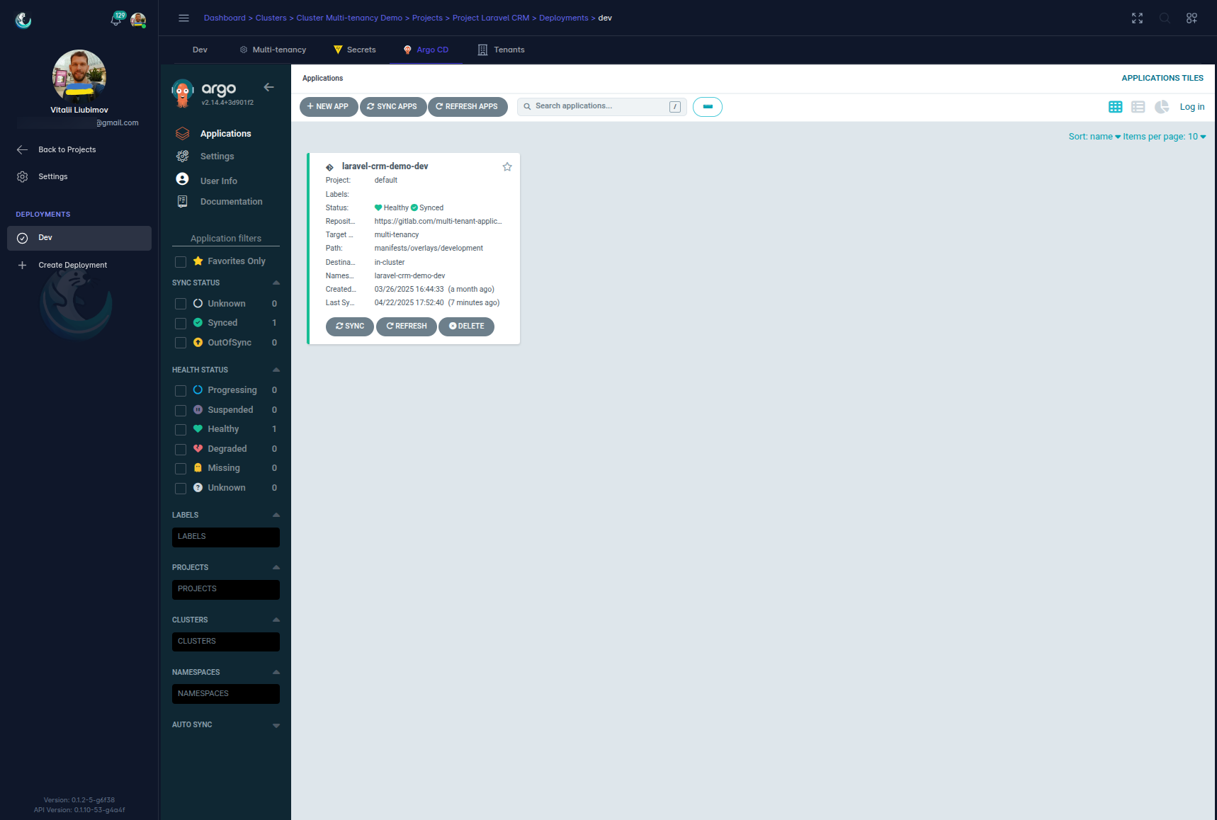 Laralord UI screenshot - Argo CD tab showing deployment status