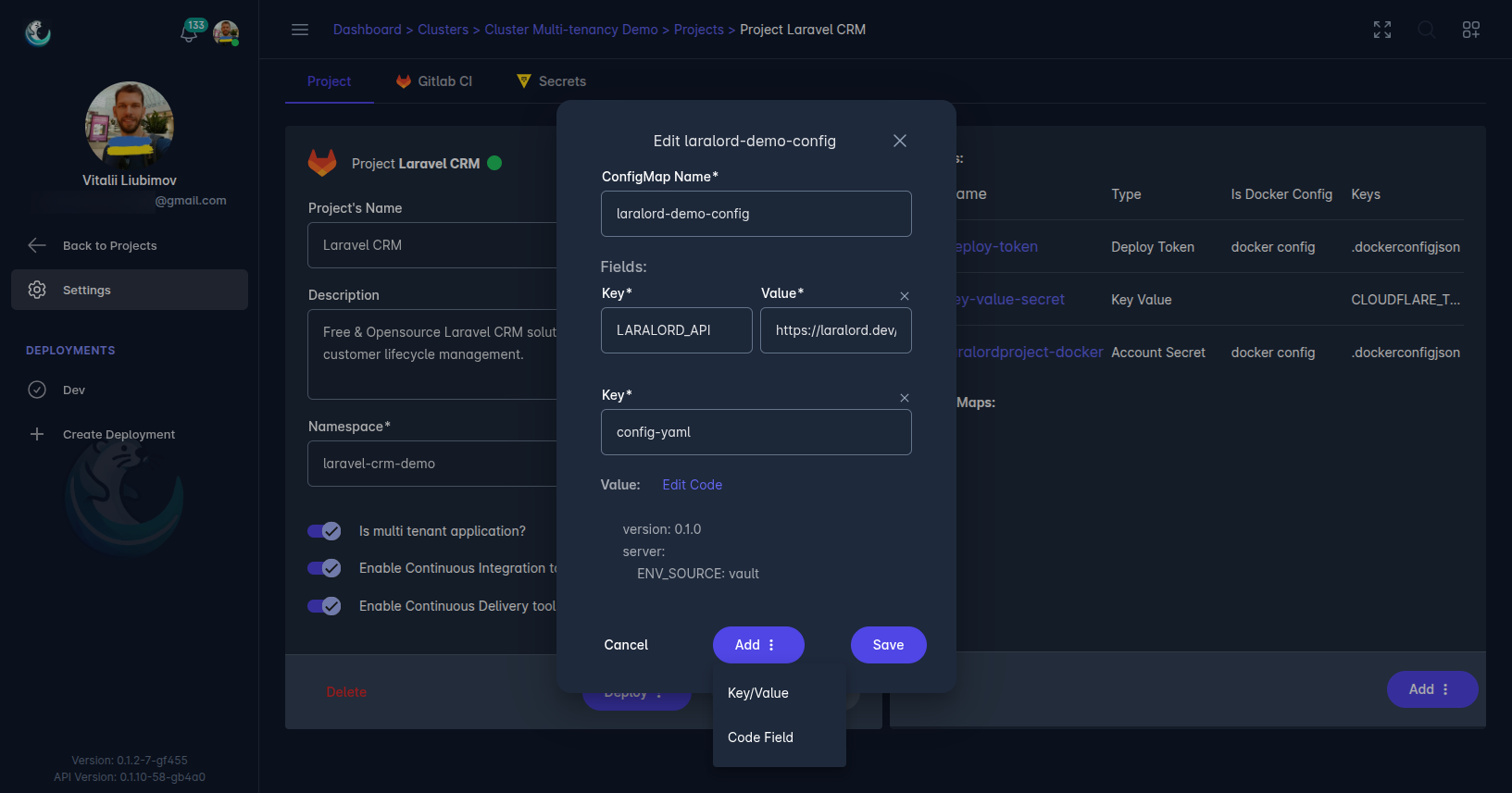 Laralord UI screenshot - Kubernetes ConfigMap creation dialog