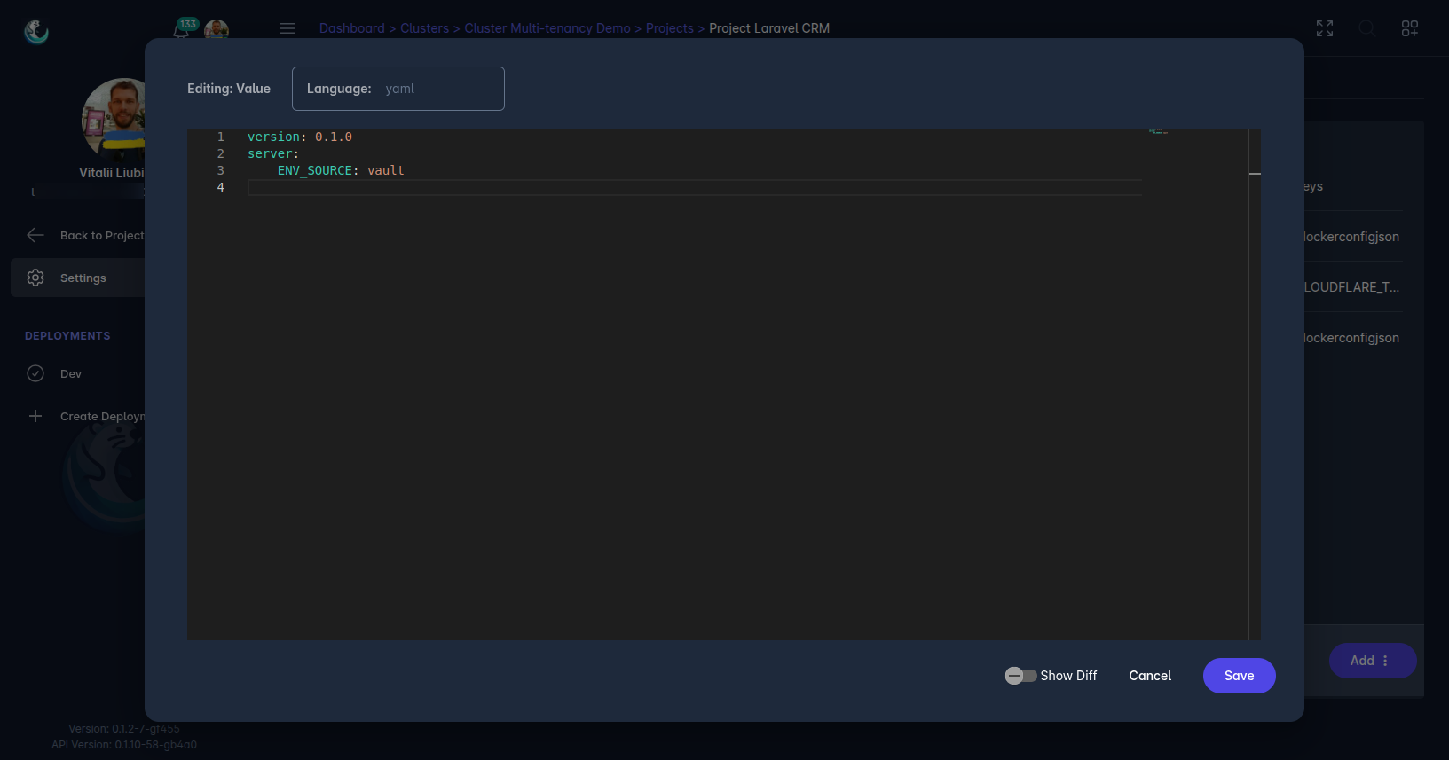 Laralord UI screenshot - ConfigMap with key/code block field