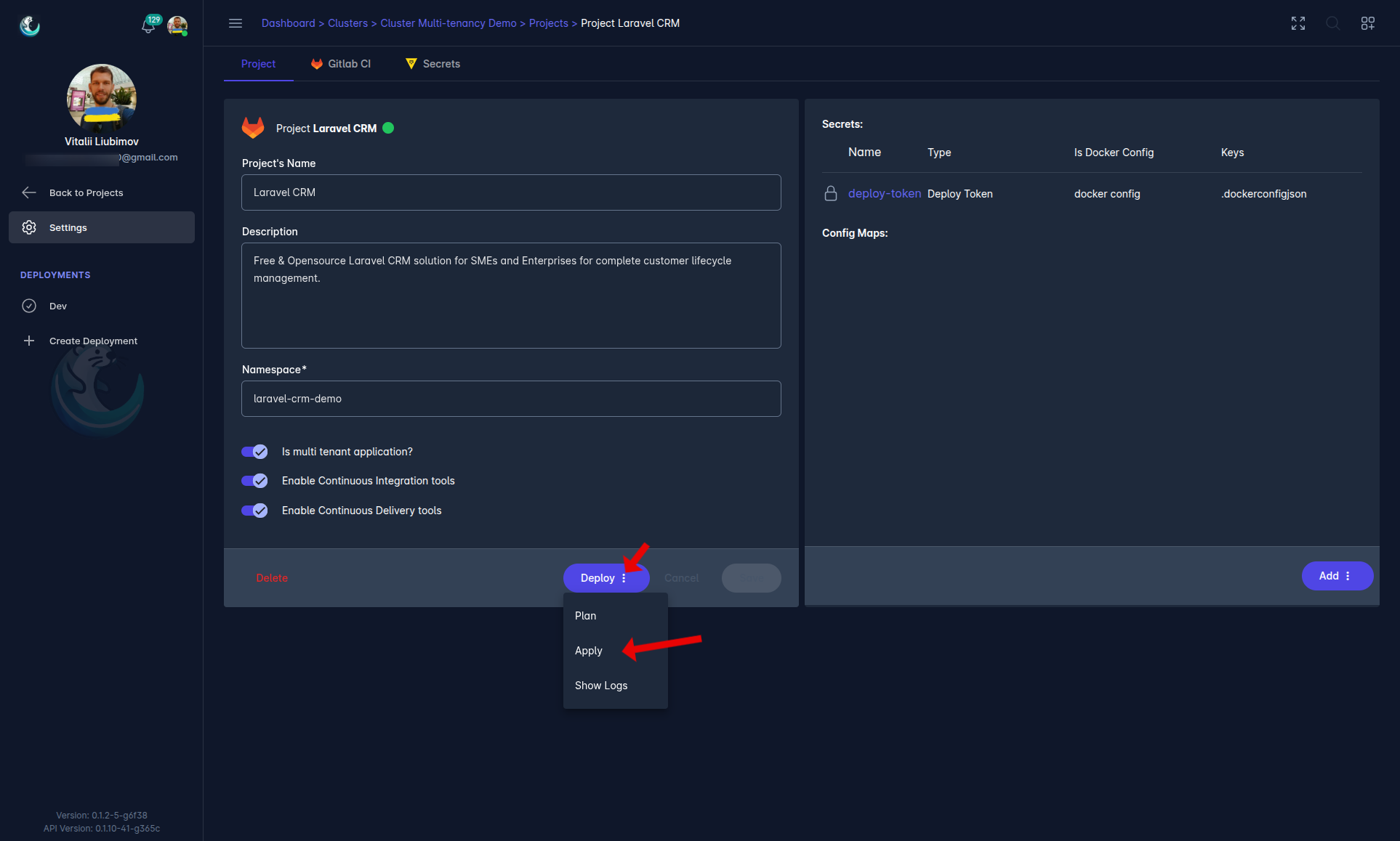 Laralord UI screenshot - Project page with Deploy → Apply button highlighted
