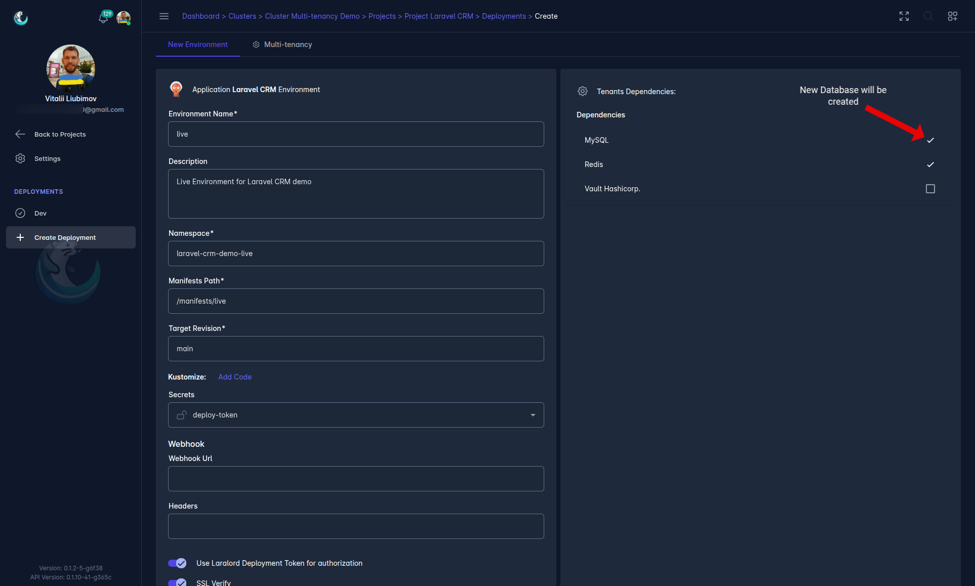 Laralord UI screenshot - Deployment form for Argo CD application