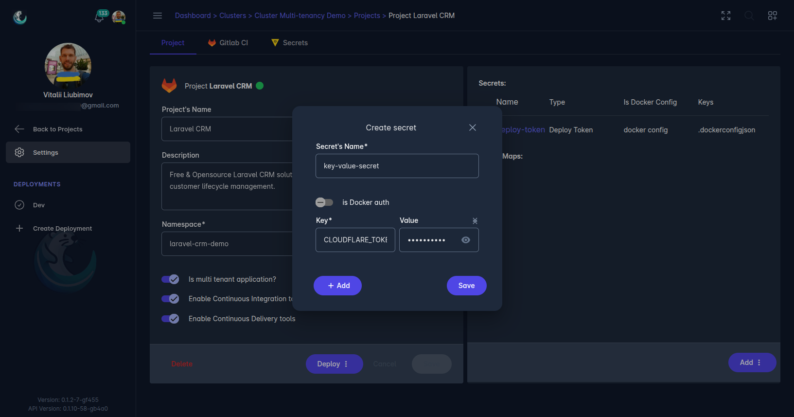 Laralord UI screenshot - Key-Value Secret creation dialog