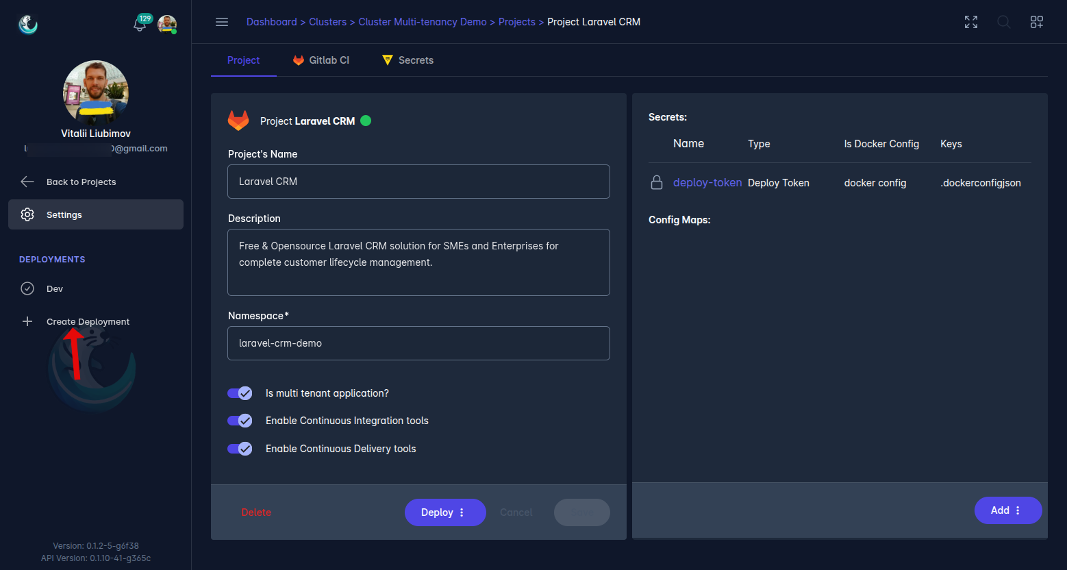 Laralord UI screenshot - Left menu highlighting Create Deployment option