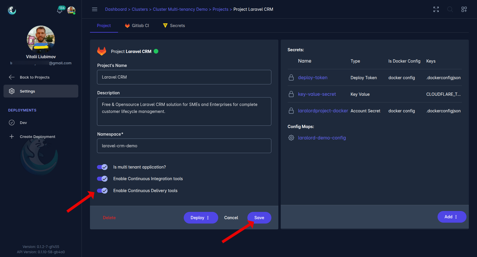Laralord UI screenshot - Project page with arrow pointing to Enable Continuous Delivery toggle button