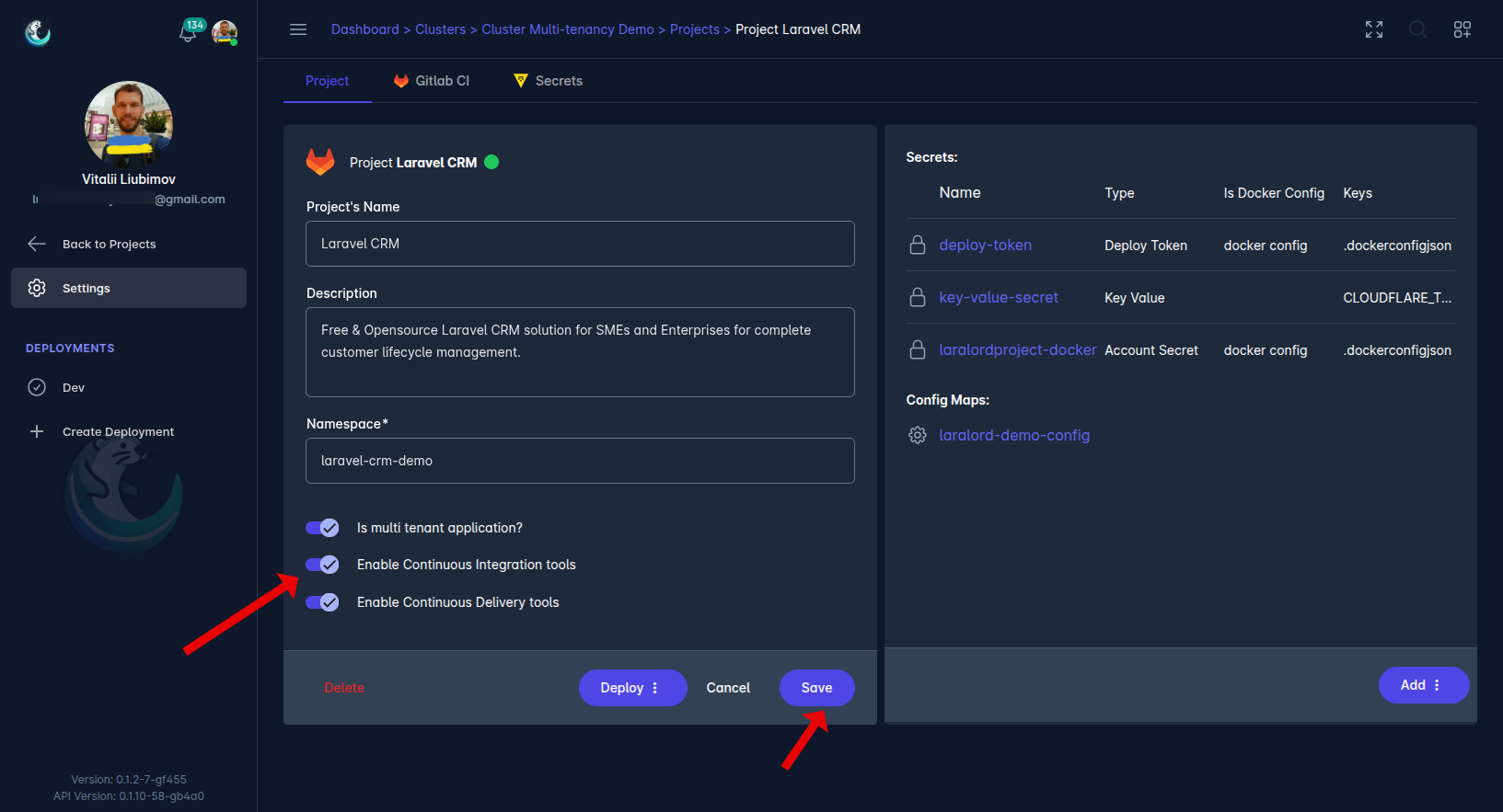 Laralord UI screenshot - Project page with arrow point to Enable Continuous integration toggle button