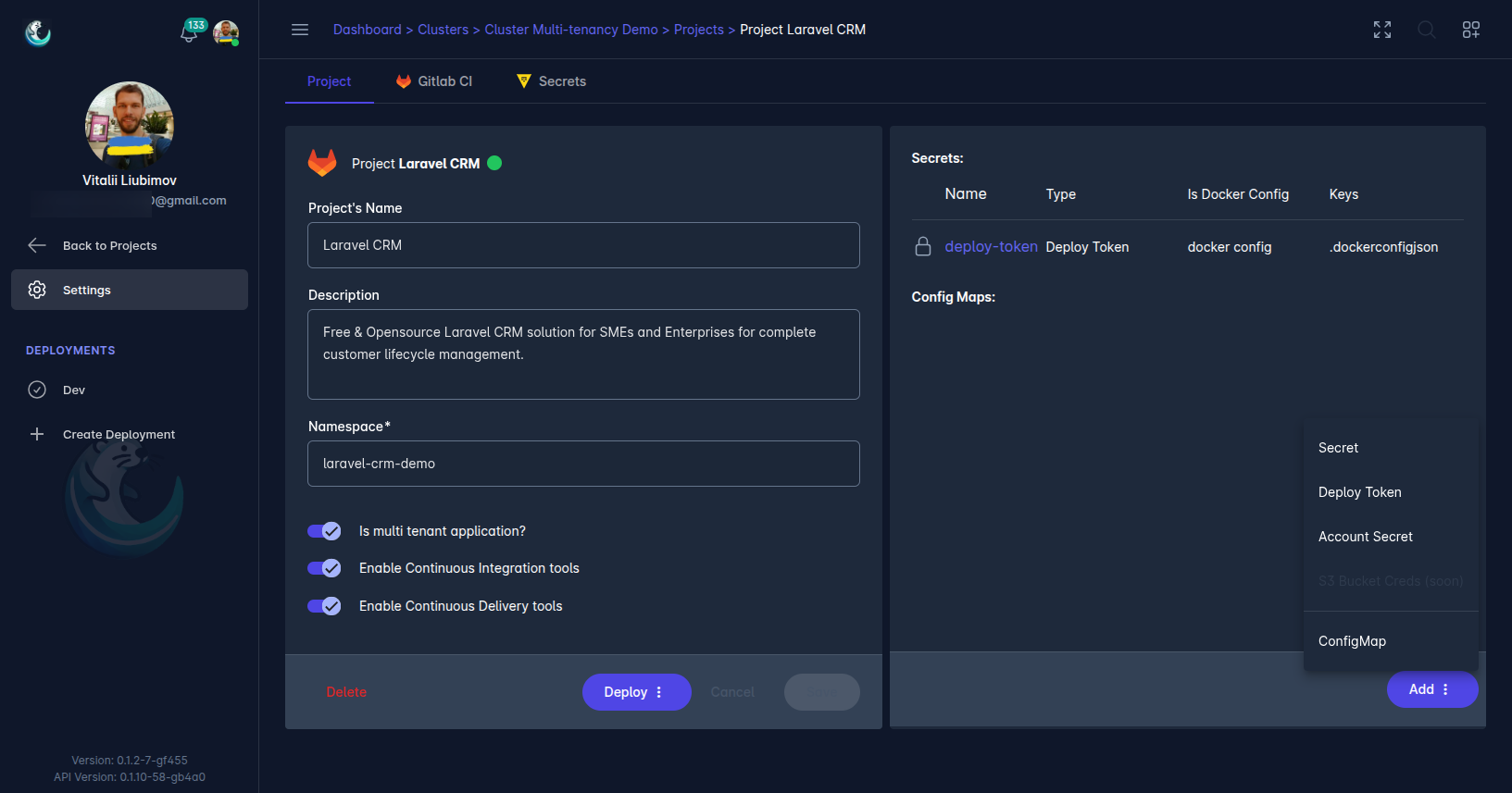Laralord UI screenshot - Project secrets dropdown sub-menu